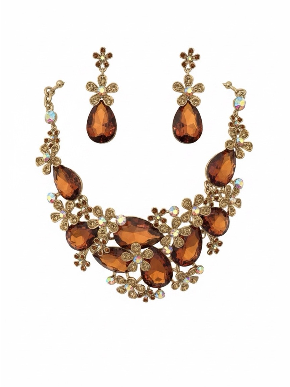 Alilang Amber Crystal Floral Statement Necklace Earring Set Gold Tone Bib Collar - Picture 4 of 5